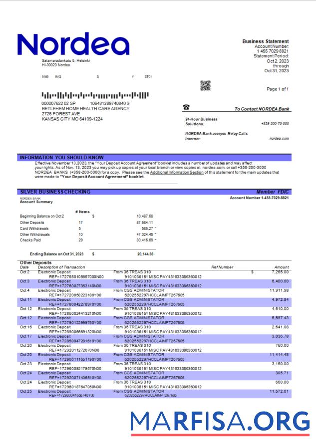 Downloadable Nordea Bank enterprise checking account statement Word and PDF template